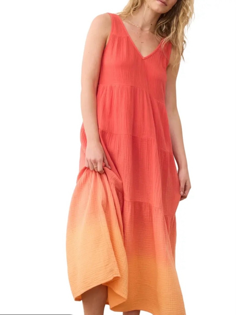 Marine Layer Sleeveless V-Neck Tiered Maxi Dress in Coral Ombre